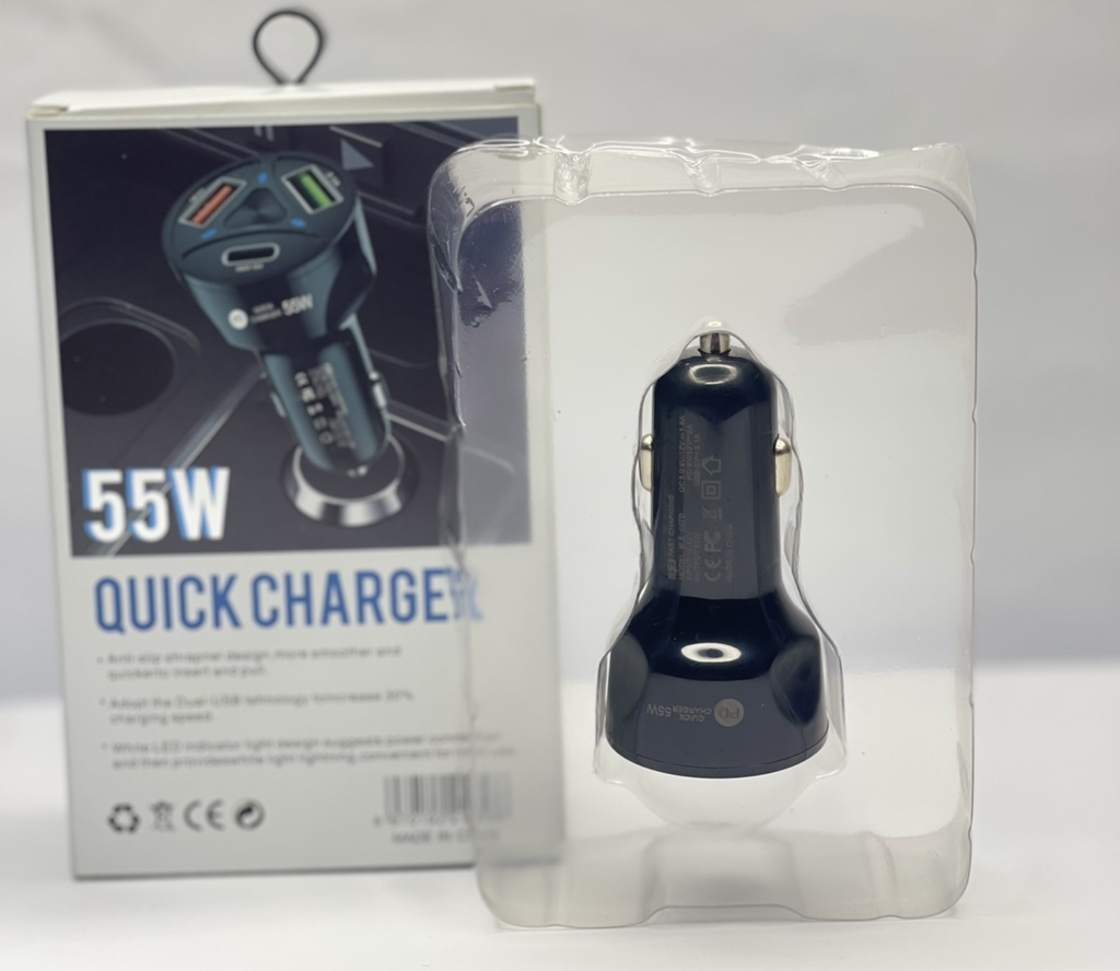 Product Title: 55W Quick Charger – Dual USB + PD Car Charger