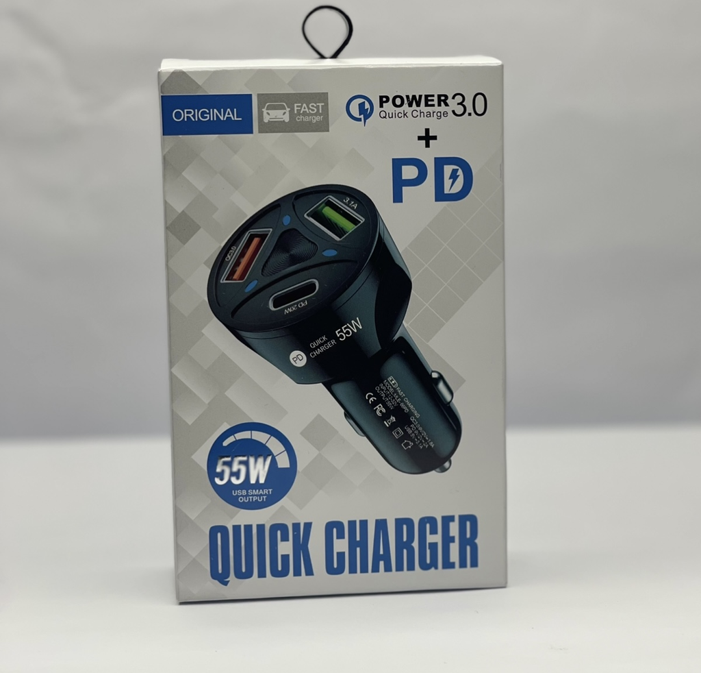Product Title: 55W Quick Charger – Dual USB + PD Car Charger