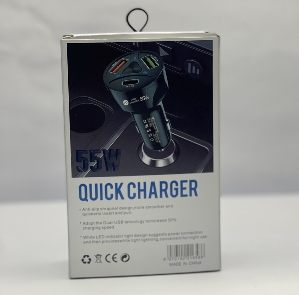 Product Title: 55W Quick Charger – Dual USB + PD Car Charger
